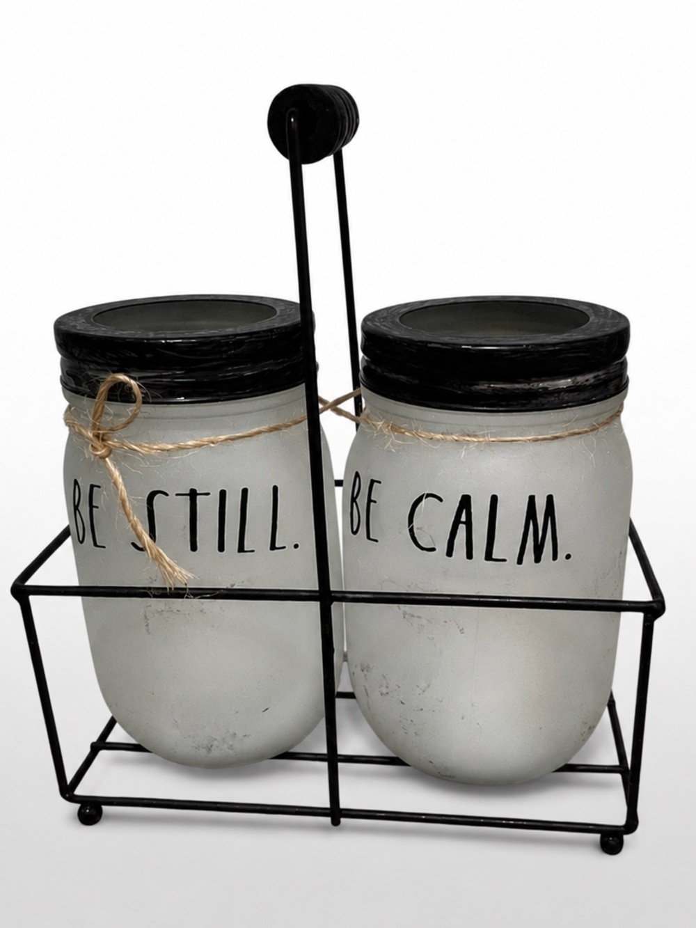 Rae Dunn Be Still Be Calm Glass Candle Holder Set w/ Wire Caddy